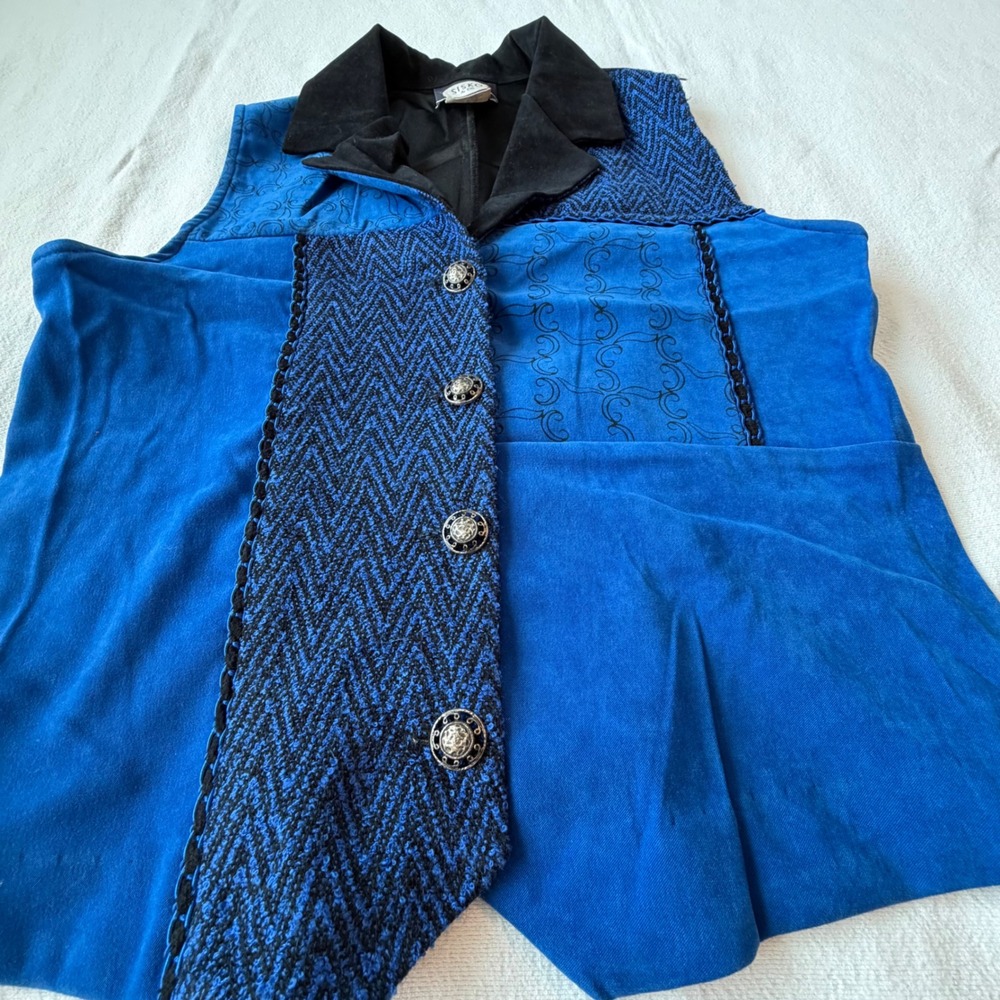 Sisko VTG Blue Black Patchwork Embroidered Button Front Vest Ornate Buttons S - Picture 6 of 10